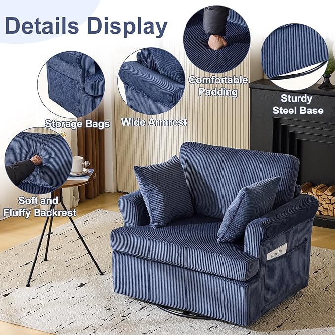 Karl home Swivel Accent Chair Set of 2, 39" Oversized Armchair W/2 Pillows and 4 Pockets,Modern Corduroy Barrel Chairs,Comfy Single Sofa for Living Room,Reading,Bedroom and Office-Dark Blue
