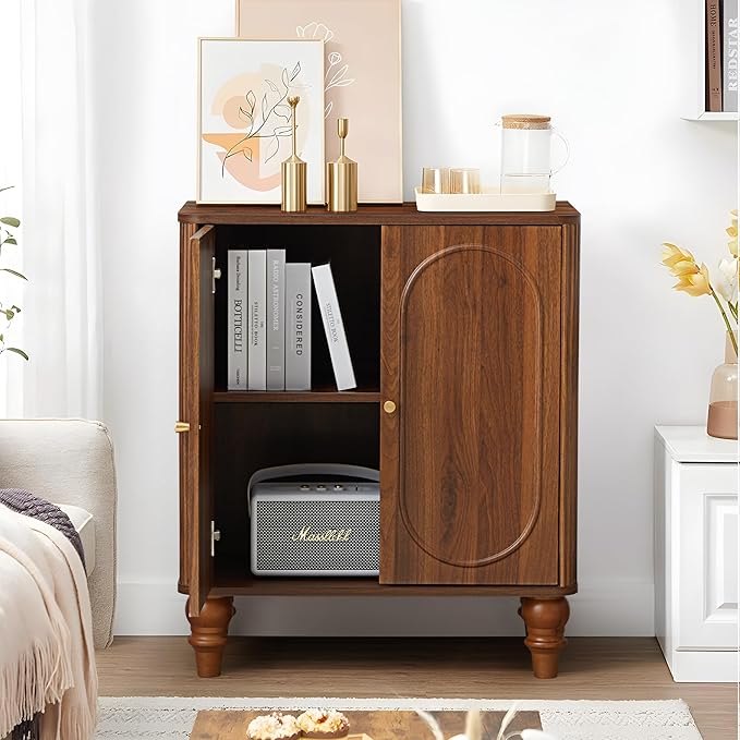 ORRD Fluted Storage Cabinet, Modern Credenza Wooden Accent Sideboard Buffet Cabinet Set of 2 with Adjustable Shelves and Solid Wood Legs, Console Table for Kitchen Dining Living Room Entryway, Walnut