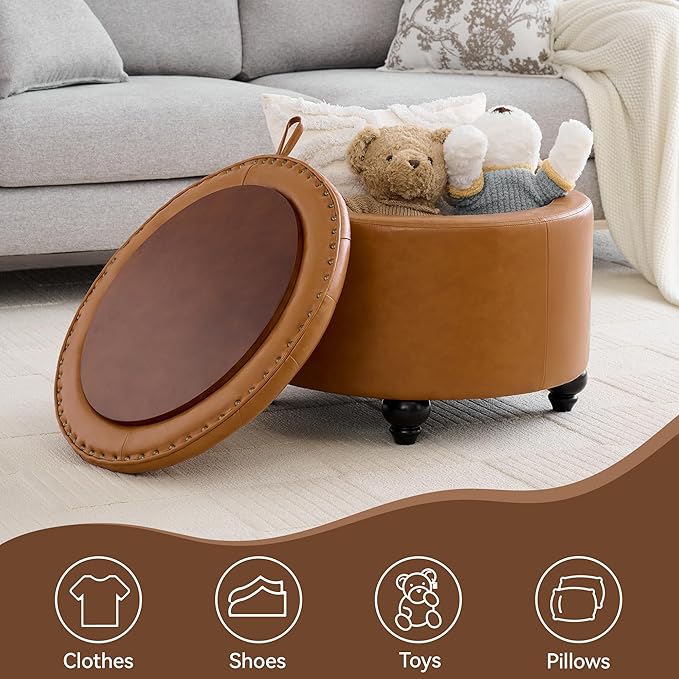 24Inch Round Storage Ottoman with Tray, Modern Tufted Leather Circle Coffee Table with Storage, Upholstered Ottoman with Removable Top for Living Room, Bedroom, Leather Brown