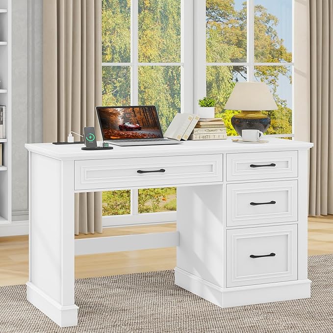 Vabches Farmhouse 47" Executive Desk, Computer Desk with Drawers and File Drawer, Workstation Computer Desk with Charging Station for Home Office,Study,Cream White.