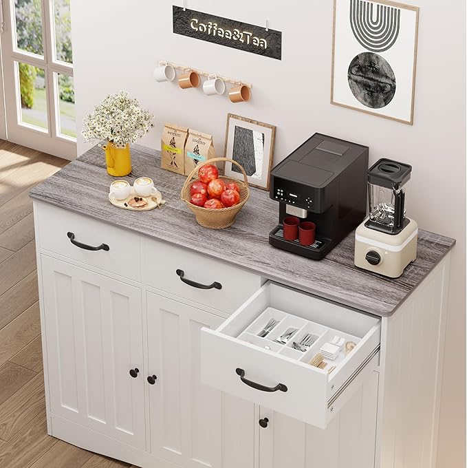 Gizoon Farmhouse Sideboard Buffet Cabinet, 42.5'' Kitchen Storage Cabinets with 3 Drawers and Barn Doors, Wood Coffee Bar Cabinet with Adjustable Shelf for Kitchen, Dining Room, Living Room, Grey