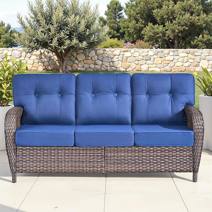 9-Piece Rotating Balcony Chair Set with 31-inch T-Shaped Wide backrest - Rattan Outdoor Rotating Balcony Chairs, Wide backrest Comfortable Outdoor Sliding Chair - Brown | Blue