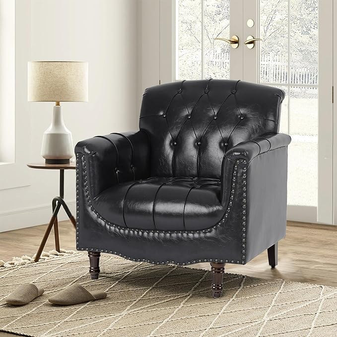 Faux Leather Accent Chair, PU Leather Modern Comfy Upholstered Armchair with Wood Legs & Nailhead Trim for Living Room, Bedroom