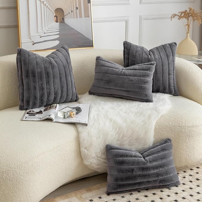 Pack of 2 Faux Fur Throw Pillow Covers 20x20 Inch Striped Decorative Soft Plush Couch Pillow Case Home Decor for Bed, Sofa, Living Room Darkgrey