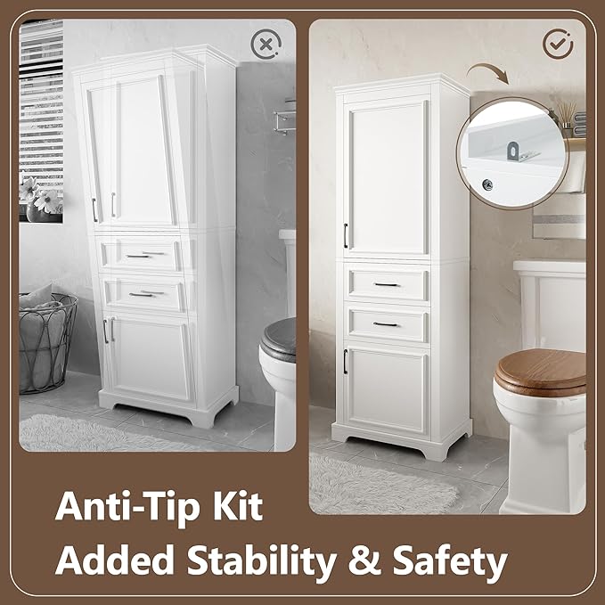Tall Freestanding Storage Cabinet with 2 Doors & 2 Drawers, Multi-Purpose Organizer with Adjustable Shelf for Bathroom, Office, Living Room, White