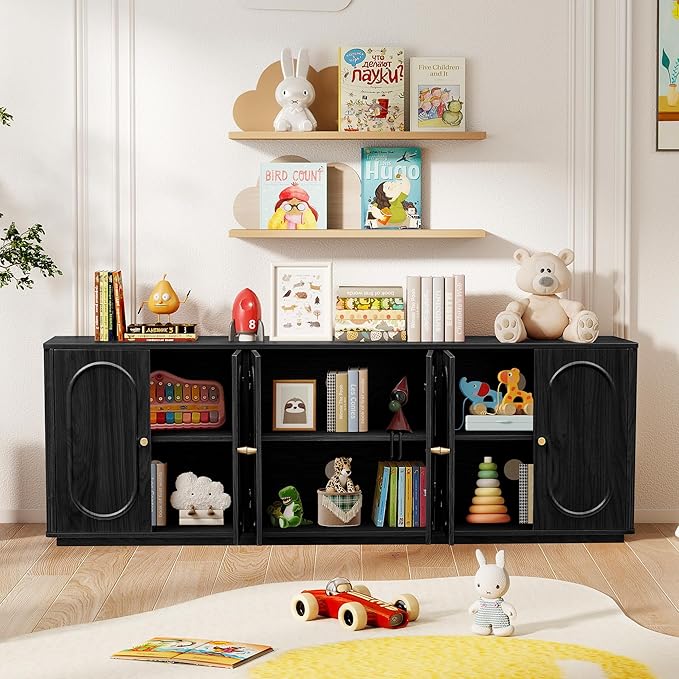 63'' Fluted Sideboard Buffet Cabinet with Storage and 6 Doors, Low Storage Cabinet Modern Wooden Accent Credenza Console Table for Kitchen Dining Living Room Entryway, (63"W*15.75"D*21.4"H) Black