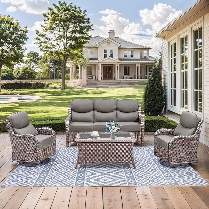 HUMMUH 6 inch Thick Cushion Wicker Patio Furniture Set with Outdoor Swivel Rocker Patio Chairs,High Back Outdoor Couch and Coffee Table for Porch Garden Deck
