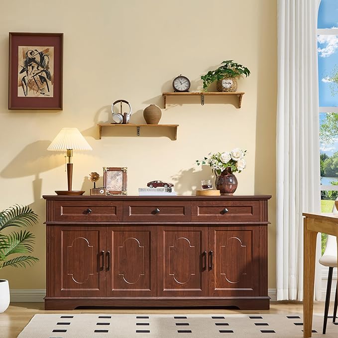 63" Buffet Sideboard Cabinet with 4 Doors and 3 Drawers, Modern Farmhouse Kitchen Storage Cabinet, Coffee Bar Cabinet with Adjustable Shelves, Kitchen Living Room Storage, Dining Room Cherry