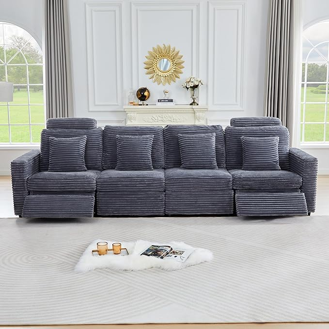 ORRD Power Reclining Sectional Sofa, Electric 4 Seat Recliner with 2 Electric Footrest and Adjustable Headrest, Modern Plush Corduroy Fluffy Modular Sectional with Deep Seat for Living Room-Blue Grey