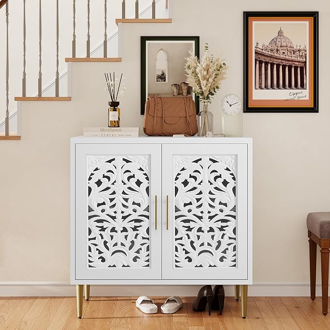 ARTPOWER Accent Cabinet with 2 Doors, Vintage Hollow Carving Buffet Cabinet, Sideboards and Buffets with Storage, Credenza for Living Room, Kitchen, Dining Room, Entryway, Hallway, White