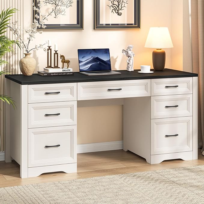 Farmhouse Executive Desk, Wood Home Office Desk with 2 Large File Drawers and 5 Storage Cabinets, Rustic Writing Desk for Work and Study, Black
