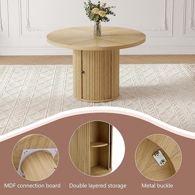 Round Dining Table Set for 6 with Two Storage, 47" Round Dining Table with 6 PU Leather Chairs, 7 Piece Kitchen Table Chairs Set of 6 with 1.7” Thick Wood Top, Roman Column Pedestal, Space-Saving