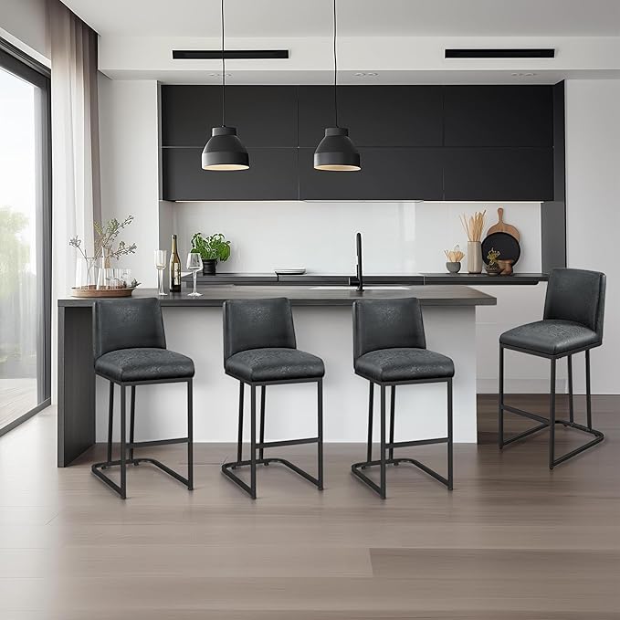 Yaheetech Bar Stools Set of 4, Counter Height Kitchen Stools 24'' Modern Leather Upholstered Bar Chairs with Back and Metal Legs for Kitchen Counter, Dark Gray