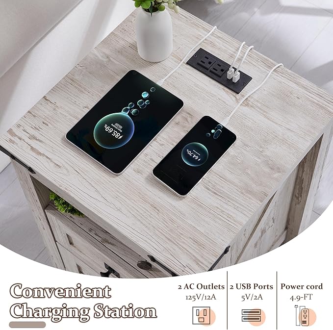 T4TREAM Farmhouse Nightstand Set of 2 with Charging Station, Rustic End Table with 2 Drawers, Storage Open Shelf for Bedroom, Living Room, Wood Side Table, Antique Brush White