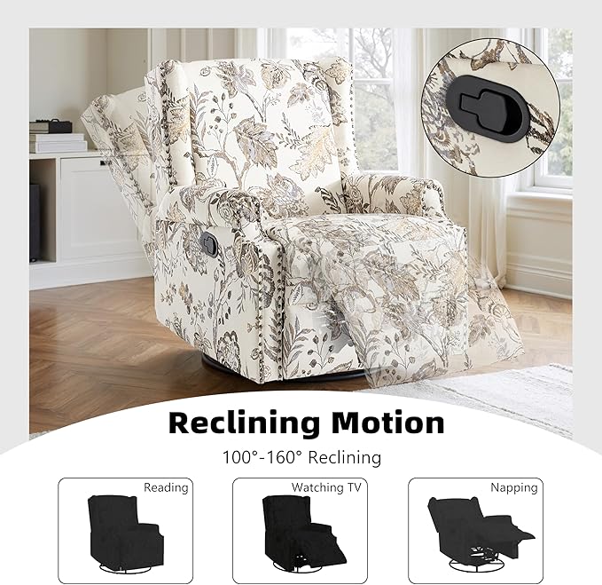 Swivel Glider Recliner Chairs Set of 2, High Back Rocker Reclining Accent Chair with Smooth Manual Mechanism for Nursery, Comfortable & Quiet Upholstered Armchair Seating-Cream Plant
