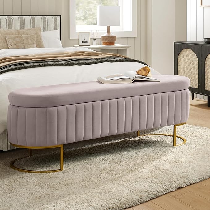 EcoHarbor Living 55.5" Storage Bench Ottoman End of Bed Bench Bedroom Bench, Upholstered Velvet Long Window Bench Large King Size with Gold Legs, Flipping Lid Entryway Footrest (Pink)