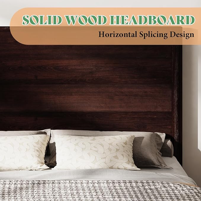 AMERLIFE King Size Bed Frame with 51.2" Spliced Headboard, Rustic Bedframe Wood Platform Bed/Wood Slats Support, No Box Spring Needed, Noiseless, Dark Brown