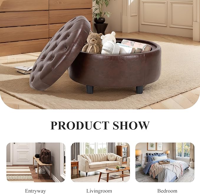 COLAMY Round Leather Storage Ottoman with Reversible Tray Lid – Multi-Functional Footrest, Hidden Storage, Sturdy & Stylish Small Coffee Table for Living Room, Bedroom, or Entryway(Brown)