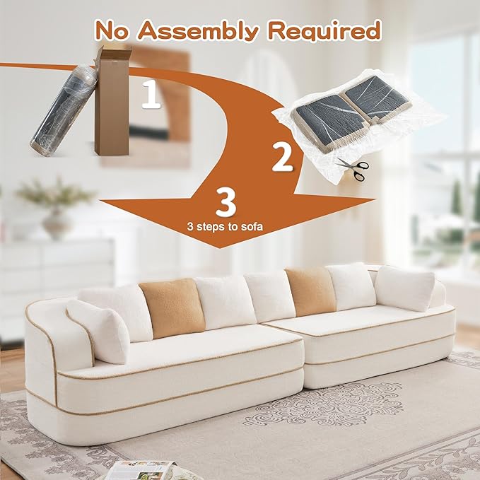 Cloud Sectional Sofa Modern Boneless Couch for Living Room, Comfy Deep Seat Comfy Teddy Fabric Double Sofa Chaise No Assembly Required (White, 135"- 4 Seater)