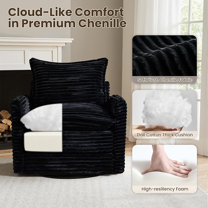 130" Modular Sofa with Swivel Chair & Ottoman, Modern Cloud Sectional Couch Plush Corduroy 5 Seater Deep Seat Sofas Set & Accent Armchair for Living Room, Black