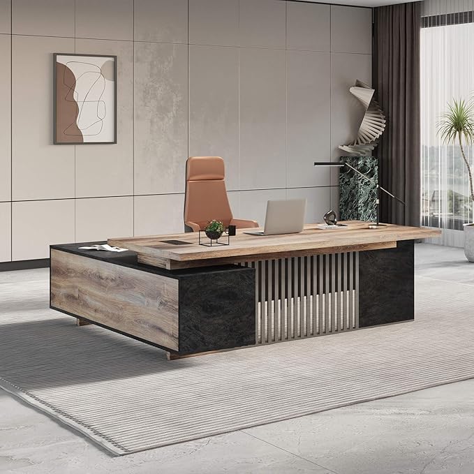 78.7 Inch Large Executive Desk with Drawers Cabinet, L Shaped Office Desk, Computer Desk with Universal Charging Ports and Cable Management for Business Furniture Set Workstation for Home Office