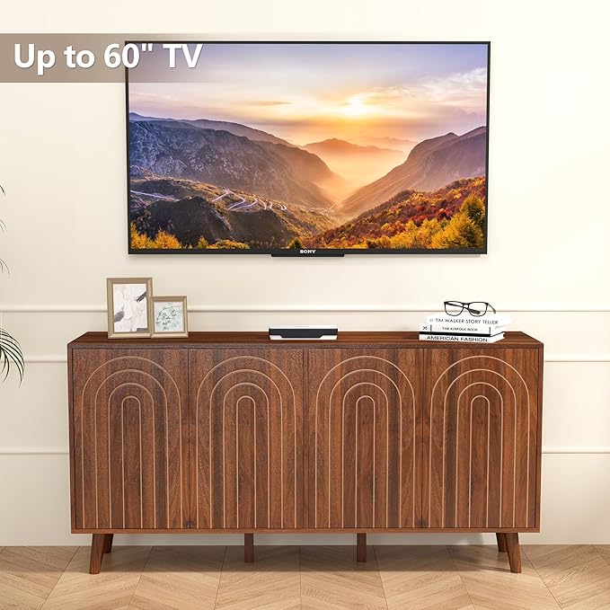 59" Buffet Cabinet with Storage, Modern Accent Sideboard Storage Cabinet with 4 Doors & Carving Lines, Wooden Coffee Bar Table Console for Living Room Kitchen Office and Hallway (Walnut)