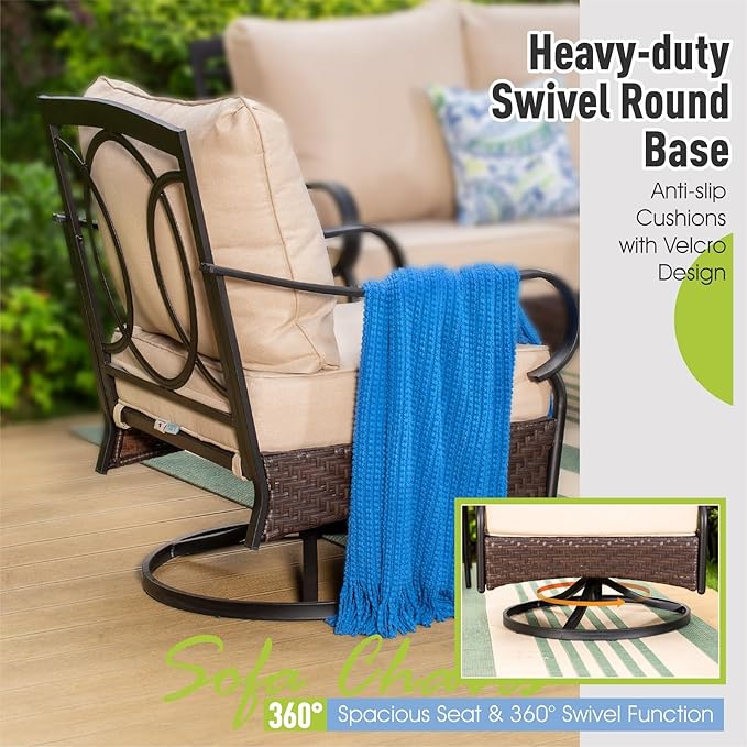 Sophia & William Extra Large Outdoor Patio Swivel Sofa Chairs Set 2 PCS Heavy-Duty Metal Porch Furniture with High Back & Deep Seating Area, 5.5" Thicken Cushions for Deck, Lawn, Outside (Beige)