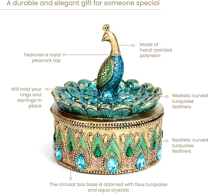 Bits and Pieces Peacock Jewelry Box for Women Small Keepsake Box with Peacock Figurine Lid - Decorative Boxes for Home Decor