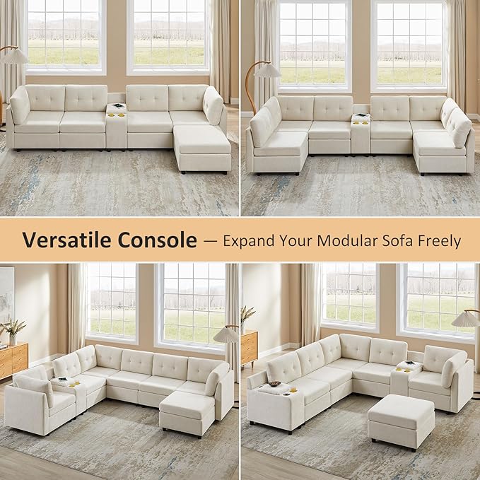 VANOMi 5 Seat Modular Sectional Sofa with Ottoman, Convertible Modular Cloud Sofa Bed, Comfy Chenille Sofas & Couches for Living Room, Apartment, Office, Beige, Sofa Bed
