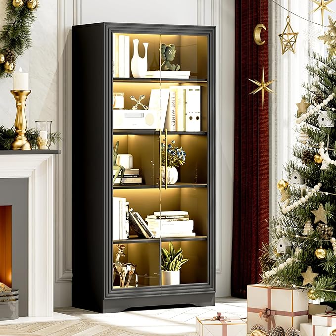 Vlsrka 65" File Cabinet, Filing Cabinets Fit Letter/A4 Size, Storage Cabinet with Doors & Lights, Tall File Bookcase with 2 Adjustable Shelves for Home Office, Living Room, Black