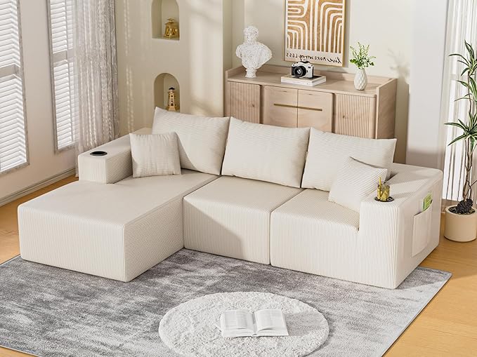 107" Cloud Sectional Couch, Modular Sectional Sofa with L-Shape Chaise, Corduroy Boneless Couch with Deep Seat, Upholstered Sofa for Living Room, No Assembly Required(Left-Facing Chaise, White)