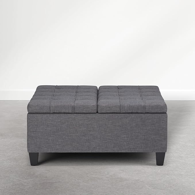 SIMPLIHOME Harrison Coffee Table Storage Ottoman - 36 inch Wide Upholstered Linen Look Fabric Square Storage Ottoman in Flint Grey, Transitional Tufted Ottoman for Living Room with Split Lift-Up Lid