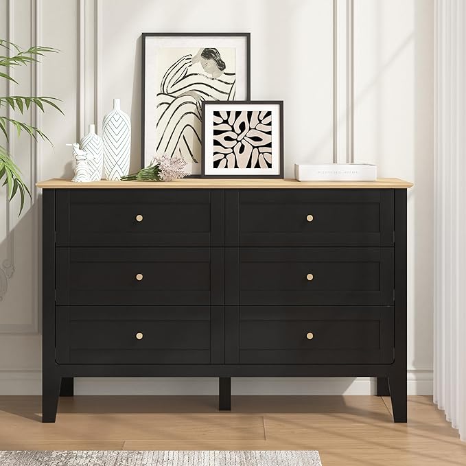 6 Drawers Black Dresser for Bedroom, 47" Wide Wood Modern Chest of Drawers, Shaker Style, Modular Dresser TV Stand for Bedroom, Living Room, Hallway (Black)