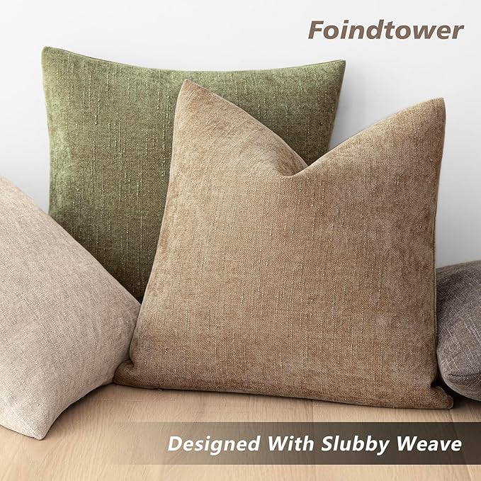 Foindtower Pack of 2 Soft Textured Chenille Throw Decorative Pillow Covers Square Accent Solid Cushion Cover Neutral Lumbar Pillow Case for Couch Sofa Bedroom Living Room 12x24 Inch,Taupe Khaki Camel