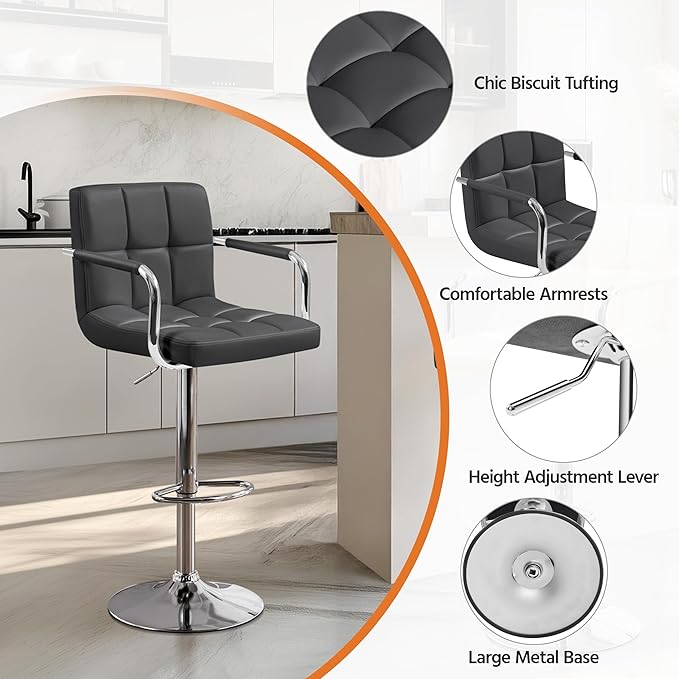 Yaheetech Bar Stools Set of 4, PU Leather Adjustable Barstools with Armrest, Counter Height Stool Chairs with Thickened Seat Cushion for Kitchen Island, Grey