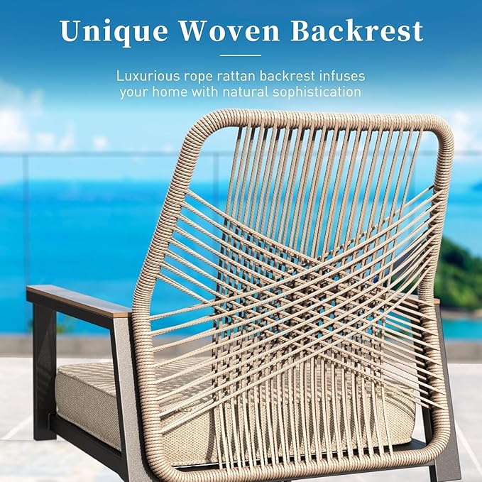 Patio Dining Chairs Set of 8, Heavy-Duty Woven Rope Outdoor Chairs with Waterproof Cushion and Wrought Iron Frame, All-Weather Outside Seating for Kitchen Garden Deck Backyard