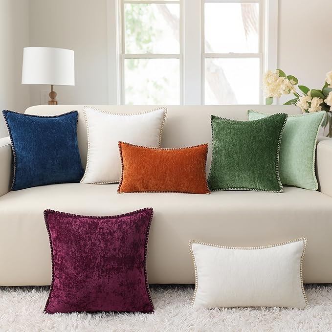 decorUhome Chenille Soft Throw Pillow Covers 26x26 Set of 2, Farmhouse Velvet Neutral Decorative Euro Pillow Covers with Stitched Edge for Couch Sofa Bed Home Decor, Neutral Gray