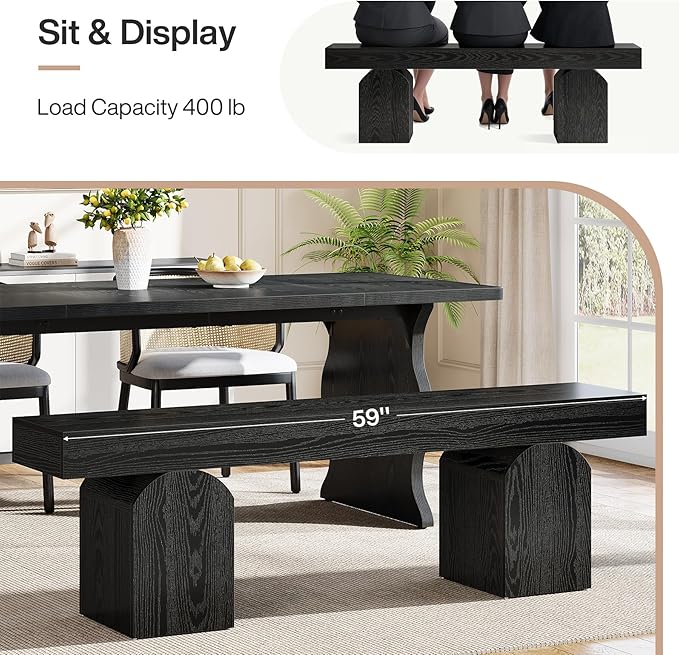 Tribesigns 59" Dining Bench for 2 to 3, Modern Black Dining Table Bench with Arched Base, Extra Long Kitchen Seating for Living Room, Entryway