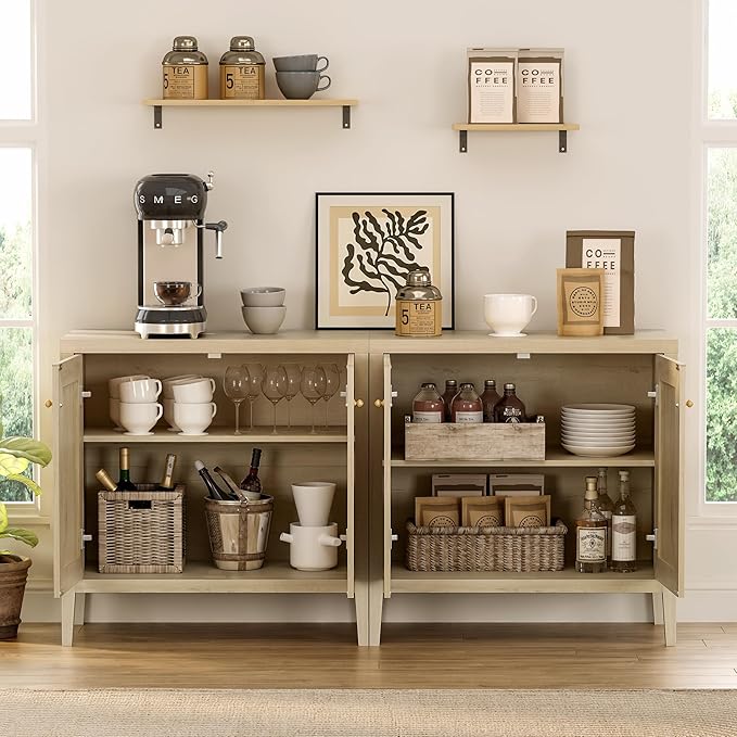 Sideboard Buffet Cabinets Set of 3 with Adjusable Shelves, Farmhouse Storage Cabinet, Credenza, Accent Cabinet, Kitchen Coffee Bar Console Table for Living Dining Room, Light Oak
