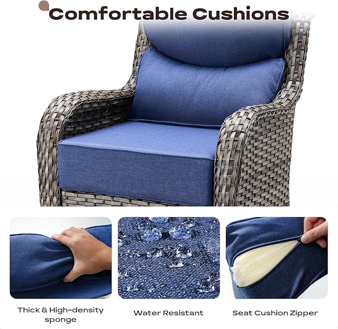 Rilyson Wicker Outdoor Patio Furniture Set - 4 Piece Patio Conversation Set with Swivel Rocker Chairs and Ottomans, 6 inch Cushions, High Back, Deep Seating, for Porch Deck Garden Mixed Grey/Blue
