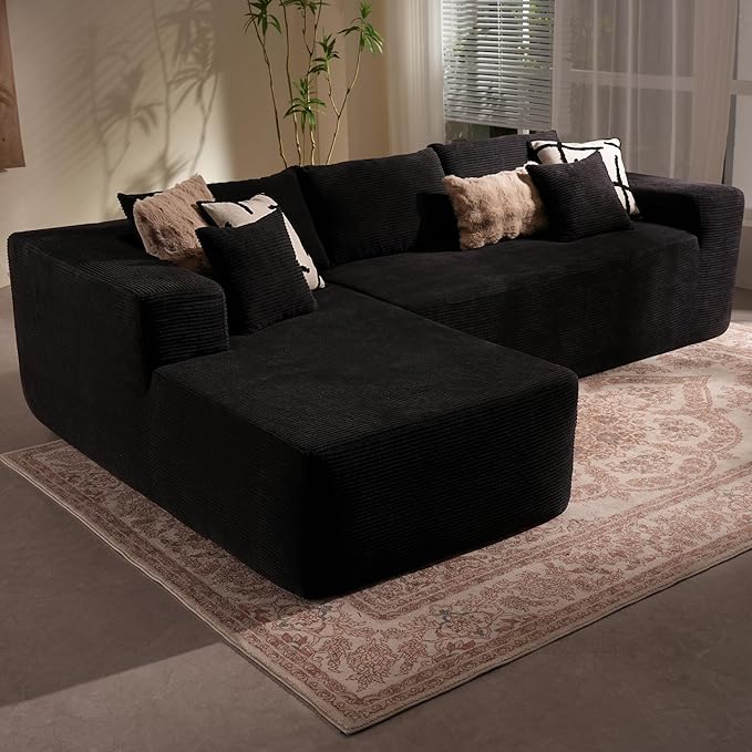 106" Cloud Sectional Couch with Chaise Lounge,L Shaped Modular Modern Sofa,Comfy Corduroy Fluffy Sofa with Deep Seat,No Assembly Required Couch for Living Room(Left,Stripe Corduroy,Black)