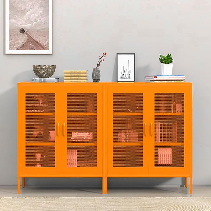 Orange Metal Storage Cabinet with Mesh Doors, Small Office Cabinet with 2 Adjustable Shelves, Accent Metal Locker Storage Cabinet for Home, Office, Living Room, Hallway