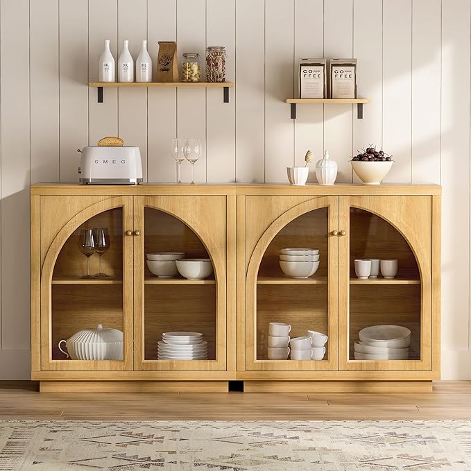 Sideboard Buffet Cabinet Set of 2, Storage Cabinet with Adjustable Shelf Modular Accent Display Case with Acrylic Doors Console Table for Living Room Kitchen Entryway, Natural Oak