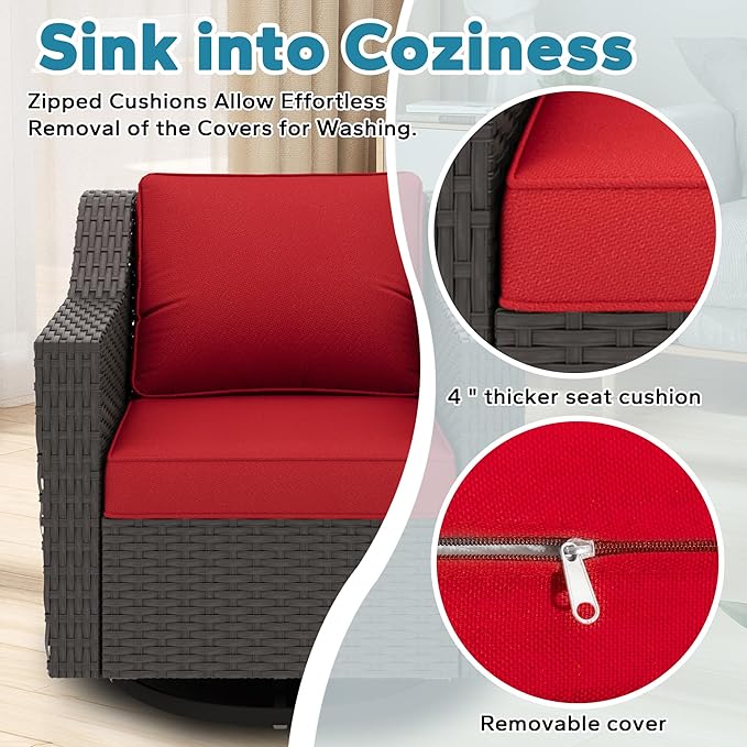 5 Pieces Patio Conversation Furniture Set - Swivel Chairs with Ottomans Set of 2, 1 Side Table, Outdoor Wicker Furniture Set with Washable Cushions for Porch, Balcony, Sunroom (Red)