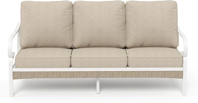 Patio Furniture Sofa, 3-Seat Patio Sofa Steel Frame Outdoor Sectional Couch with Deep Seating and 5.5” Cushions for Lawn Backyard Porch Deck, Beige