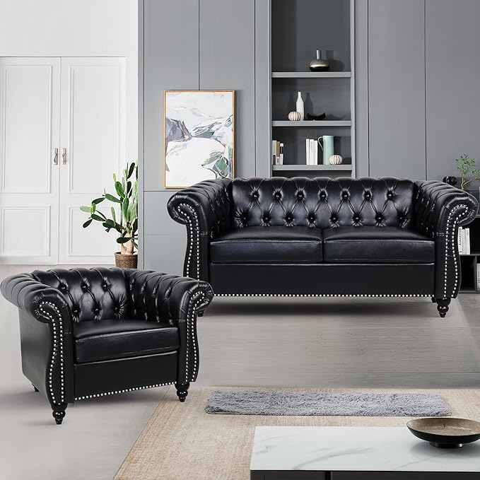 Faux Leather Sofa Couches Set, Modern Comfy Upholstered Couch with Cushions, Home Sofa Sectional Furniture Sets, 3-Piece Mid Century Tufted Chesterfield Couches for Living Room, Bedroom, Office