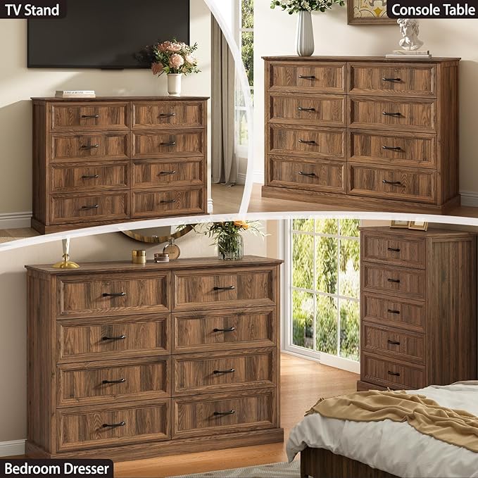 CARPETNAL Farmhouse 8 Drawer Dresser for Bedroom, 55 Inch Wide Modern Brown Dresser TV Stand with Large Drawers & Bar Handles, Rustic Wood Chest of Drawers for Bedroom, Living Room, Hallway, Entryway.