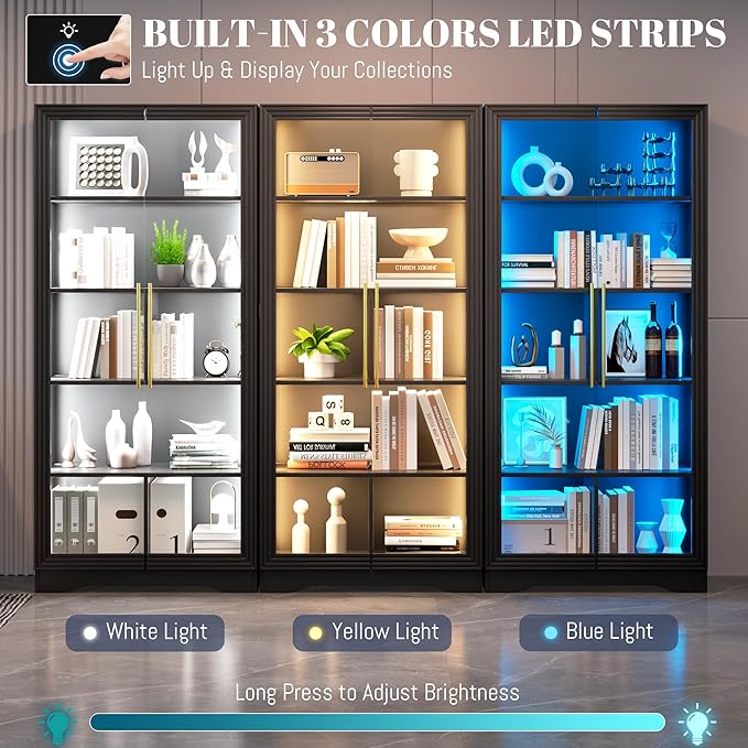 Vlsrka 65" File Cabinet, Filing Cabinets Fit Letter/A4 Size, Storage Cabinet with Doors & Lights, Tall File Bookcase with 2 Adjustable Shelves for Home Office, Living Room, Black