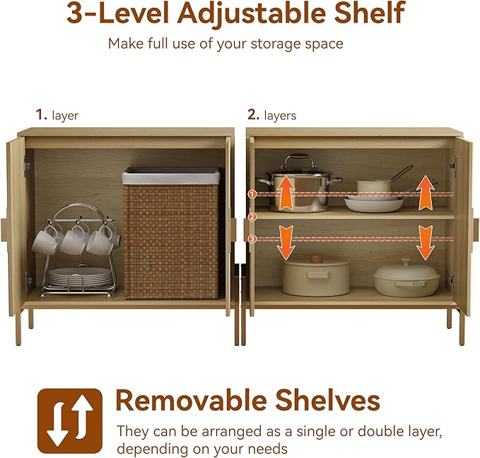 Fluted Sideboard Buffet Cabinet, Modern Credenza with Metal Gold Legs, Wood Accent Sideboard with Storage for Living Room, Dining Room, Kitchen, Entryway(Oak)
