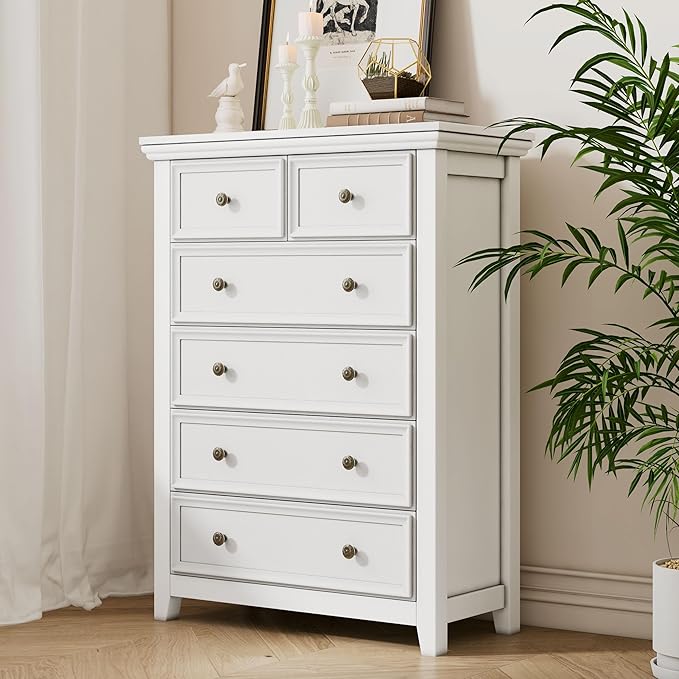 White Dresser for Bedroom, 6 Chest of Drawers, Farmhouse Dresser for Bedroom, Tall Storage Drawers Cabinet for Living Room, Home Office